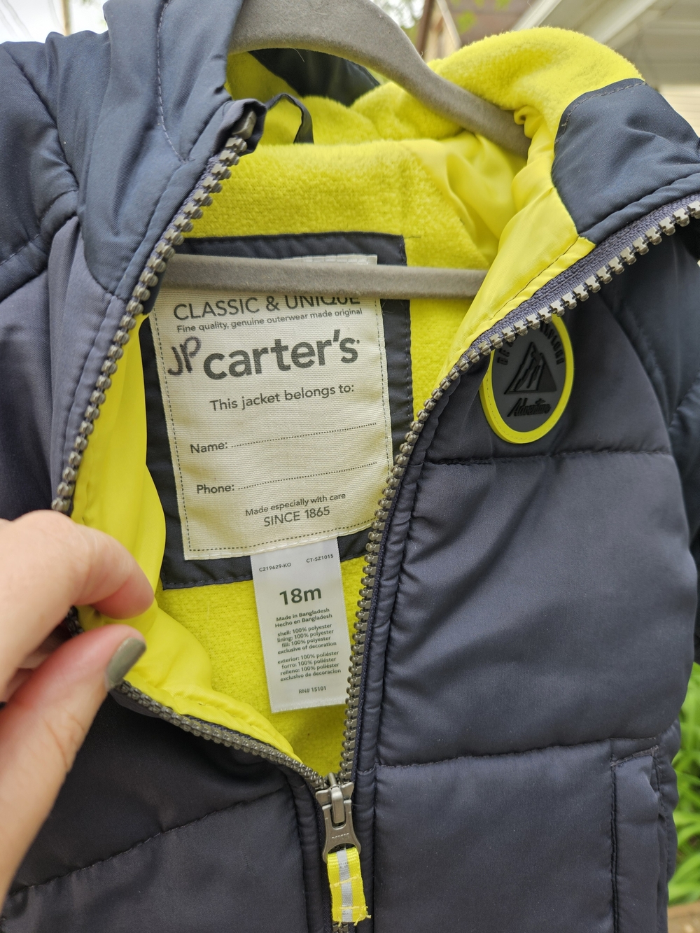 Carter's 18 Month Hooded Puffer Jacket in Navy & Neon Yellow
